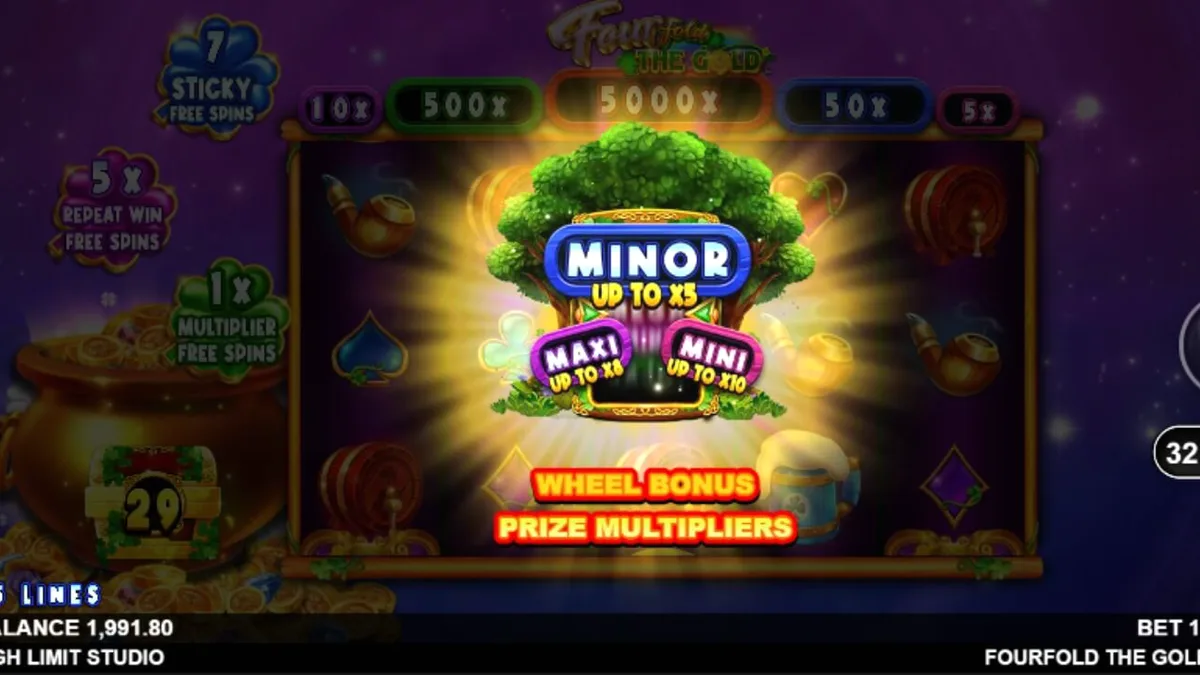 Tampilan visual slot Fourfold the Gold dengan tema kosmik dan leprechaun