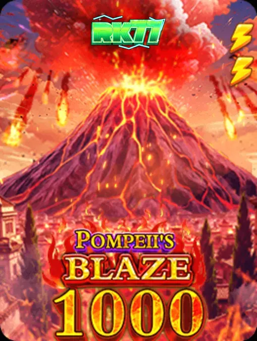 Pemandangan visual slot Pompeii’s Blaze 1000 dengan latar belakang gunung berapi dan simbol Romawi